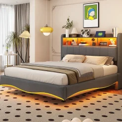 Okwish Lit Double 140x200 cm capitonné avec LED et Ports USB/Type-C, Coffre Intégré, Tissu Gris, Sans Matelas* Lit Double