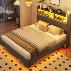 Okwish Lit Double 140x200 cm capitonné avec LED et Ports USB/Type-C, Coffre Intégré, Tissu Gris, Sans Matelas* Lit Double