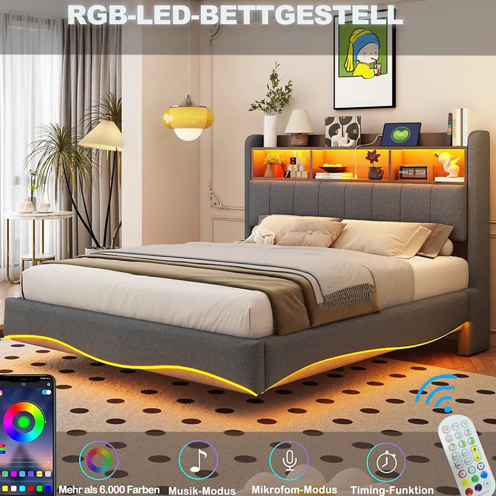 Okwish Lit Double 140x200 cm capitonné avec LED et Ports USB/Type-C, Coffre Intégré, Tissu Gris, Sans Matelas* Lit Double