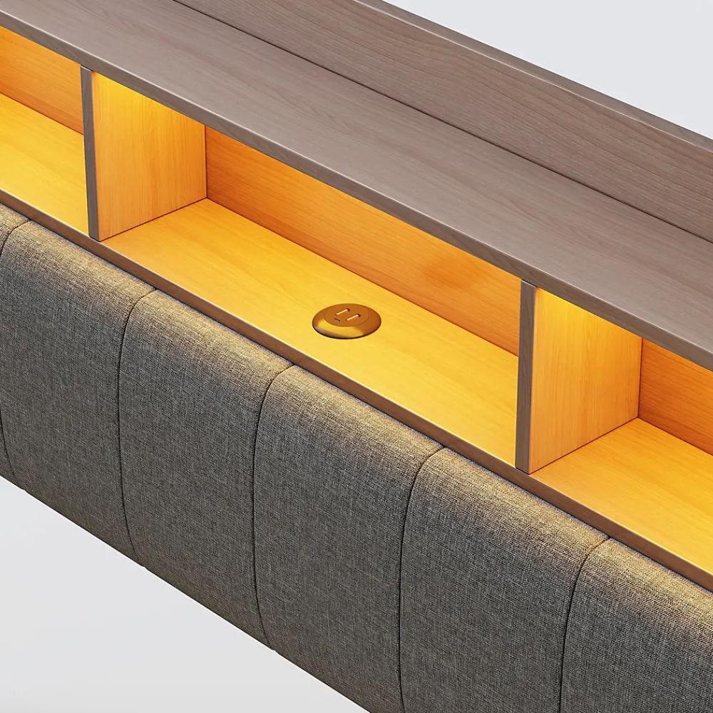 Okwish Lit Double 140x200 cm capitonné avec LED et Ports USB/Type-C, Coffre Intégré, Tissu Gris, Sans Matelas* Lit Double
