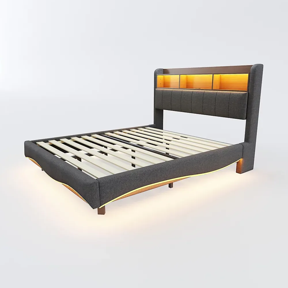 Okwish Lit Double 140x200 cm capitonné avec LED et Ports USB/Type-C, Coffre Intégré, Tissu Gris, Sans Matelas* Lit Double