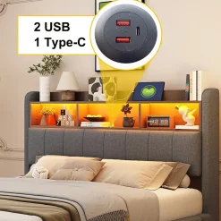 Okwish Lit Double 140x200 cm capitonné avec LED et Ports USB/Type-C, Coffre Intégré, Tissu Gris, Sans Matelas* Lit Double