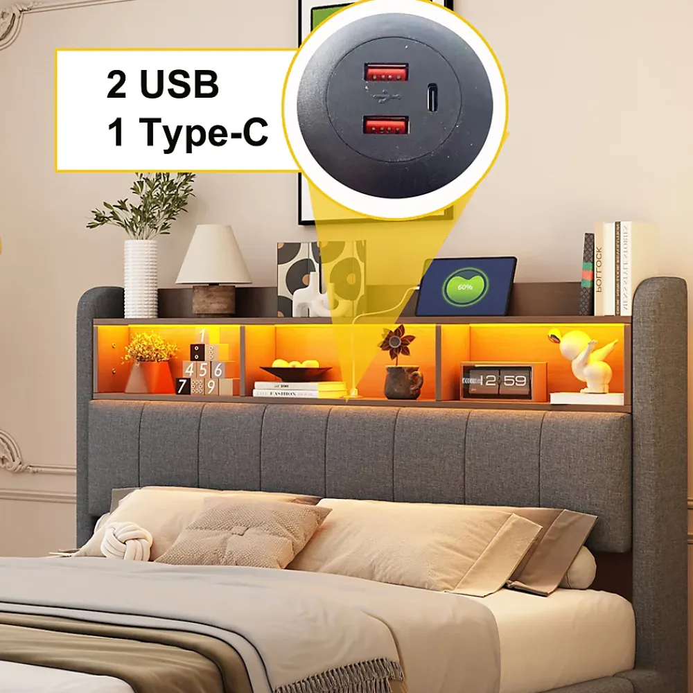 Okwish Lit Double 140x200 cm capitonné avec LED et Ports USB/Type-C, Coffre Intégré, Tissu Gris, Sans Matelas* Lit Double