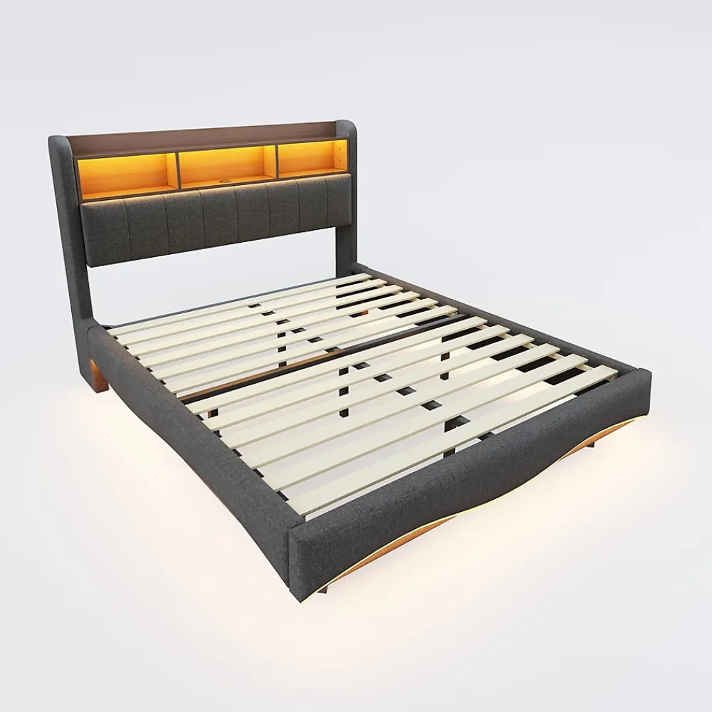 Okwish Lit Double 140x200 cm capitonné avec LED et Ports USB/Type-C, Coffre Intégré, Tissu Gris, Sans Matelas* Lit Double