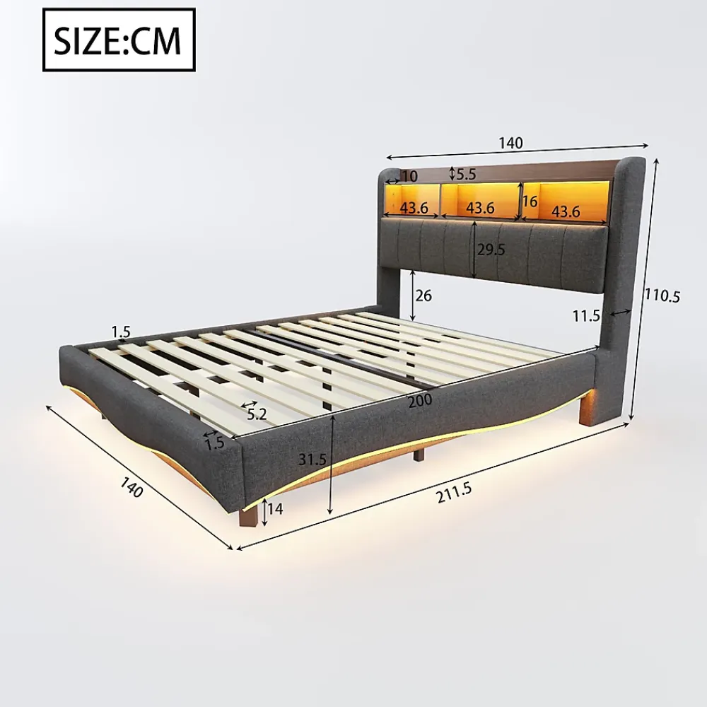 Okwish Lit Double 140x200 cm capitonné avec LED et Ports USB/Type-C, Coffre Intégré, Tissu Gris, Sans Matelas* Lit Double