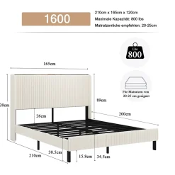 Okwish Lit double 160x200 cm capitonné adulte avec métallique stable et design à ailes - plateforme rembourrée velours côtelé beige/crème* Lit Double