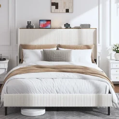 Okwish Lit double 160x200 cm capitonné adulte avec métallique stable et design à ailes - plateforme rembourrée velours côtelé beige/crème* Lit Double