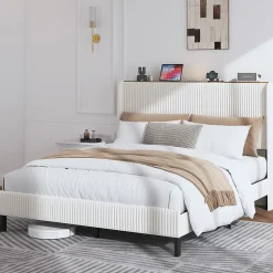Okwish Lit double 160x200 cm capitonné adulte avec métallique stable et design à ailes - plateforme rembourrée velours côtelé beige/crème* Lit Double