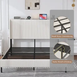 Okwish Lit double 160x200 cm capitonné adulte avec métallique stable et design à ailes - plateforme rembourrée velours côtelé beige/crème* Lit Double