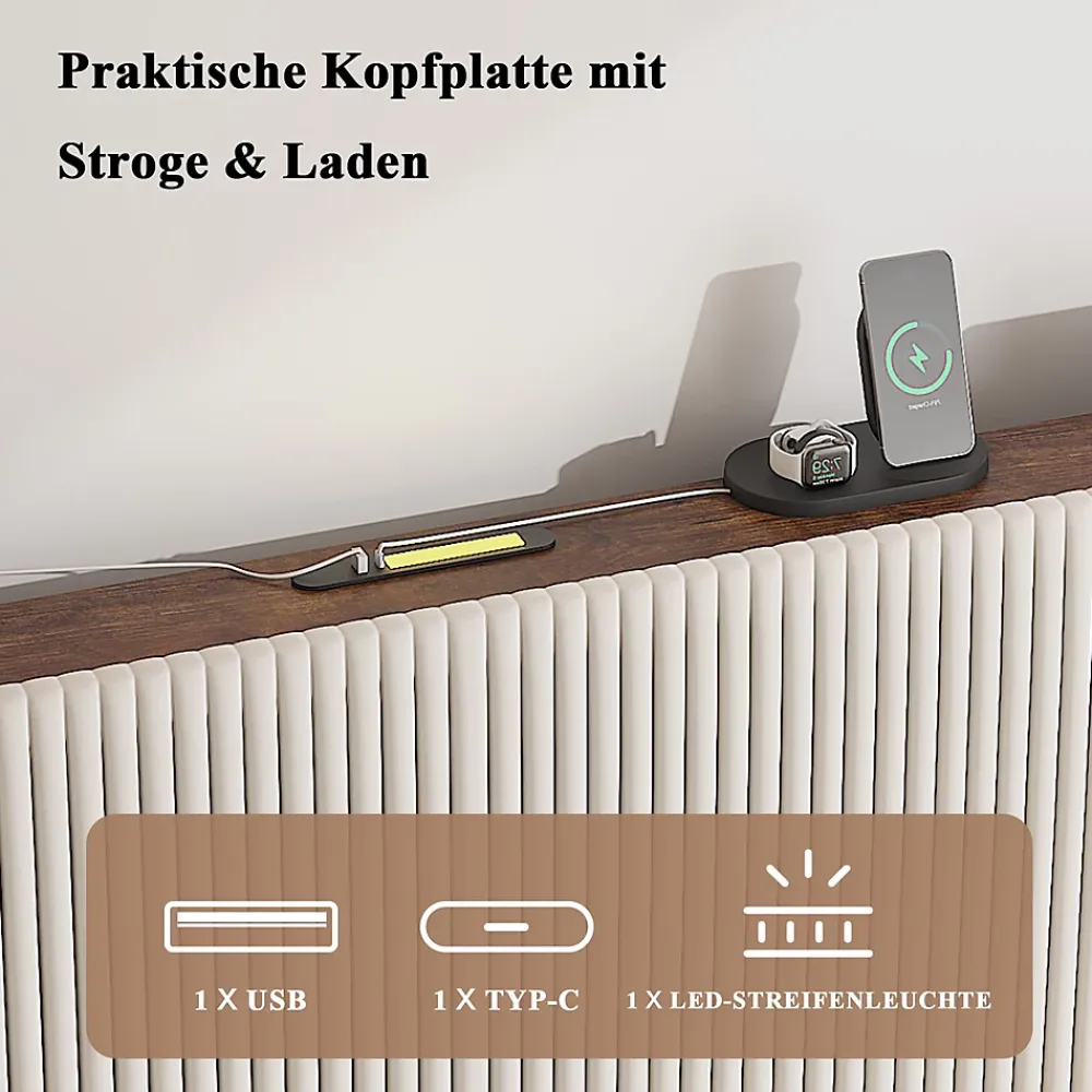 Okwish Lit double 140x200 cm capitonné adulte avec métallique stable et design à ailes - plateforme rembourrée velours côtelé beige/crème* Lit Double