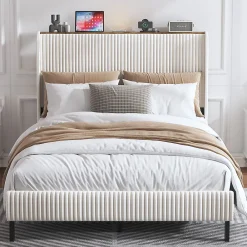 Okwish Lit double 140x200 cm capitonné adulte avec métallique stable et design à ailes - plateforme rembourrée velours côtelé beige/crème* Lit Double