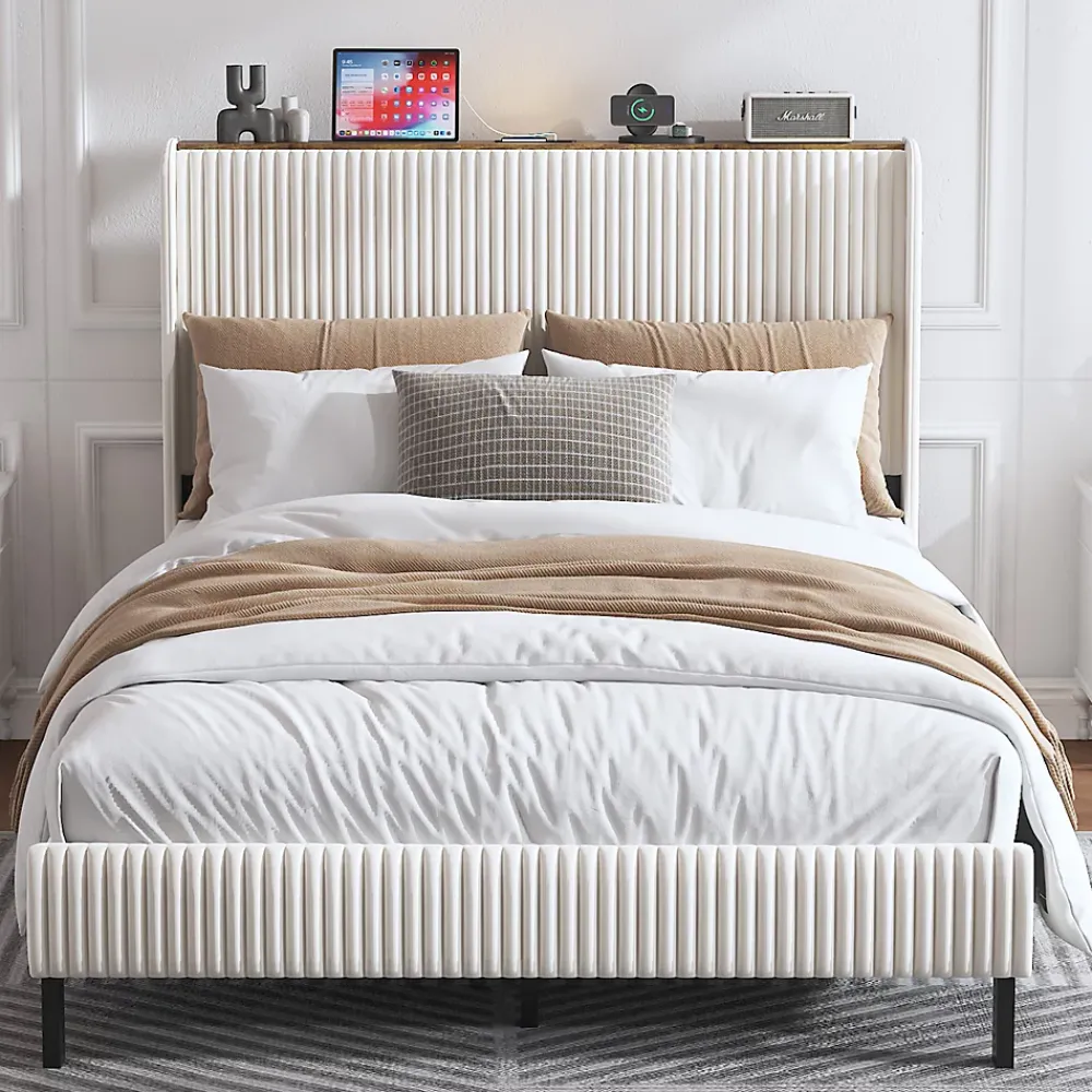 Okwish Lit double 140x200 cm capitonné adulte avec métallique stable et design à ailes - plateforme rembourrée velours côtelé beige/crème* Lit Double