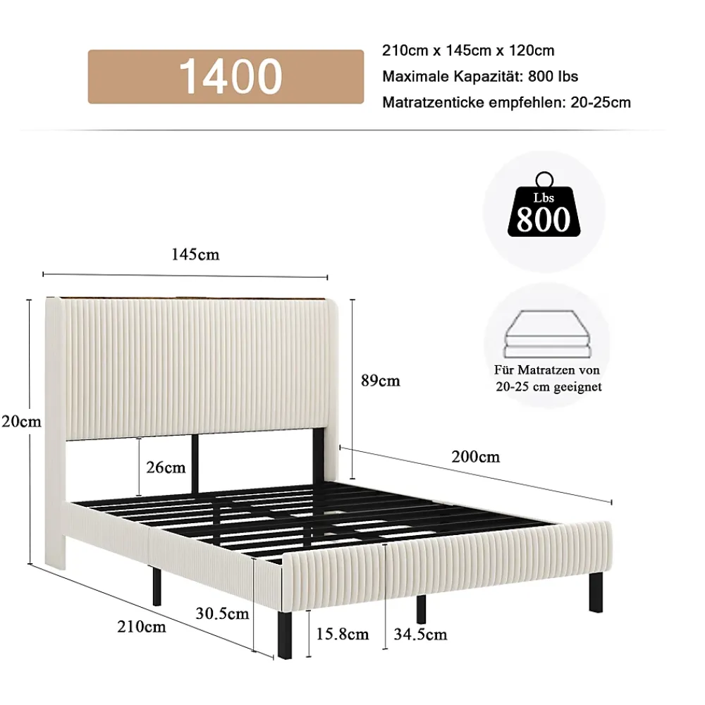 Okwish Lit double 140x200 cm capitonné adulte avec métallique stable et design à ailes - plateforme rembourrée velours côtelé beige/crème* Lit Double