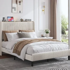 Okwish Lit double 140x200 cm capitonné adulte avec métallique stable et design à ailes - plateforme rembourrée velours côtelé beige/crème* Lit Double