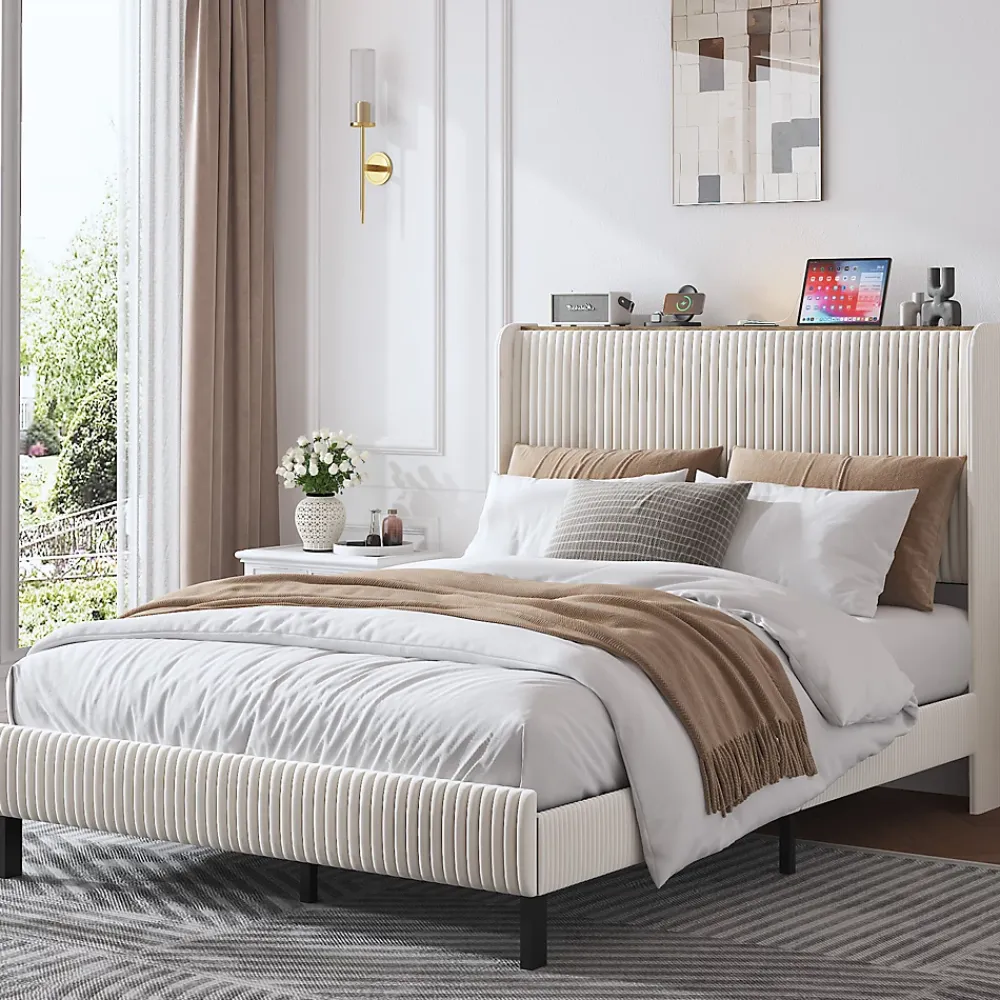 Okwish Lit double 140x200 cm capitonné adulte avec métallique stable et design à ailes - plateforme rembourrée velours côtelé beige/crème* Lit Double