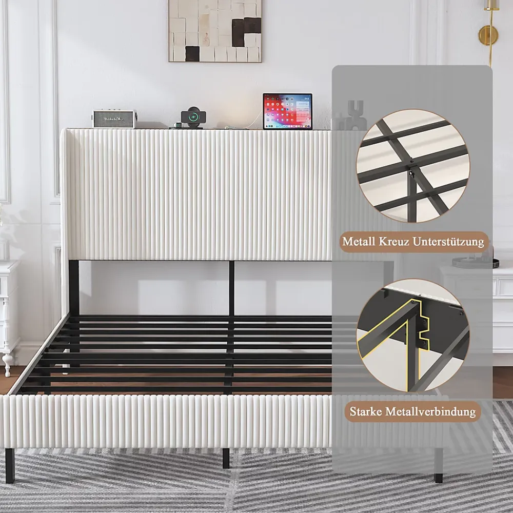Okwish Lit double 140x200 cm capitonné adulte avec métallique stable et design à ailes - plateforme rembourrée velours côtelé beige/crème* Lit Double