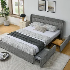 Blackcolors Lit double 160x200 cm, chenille, 4 tiroirs - gris foncé* Lit Coffre