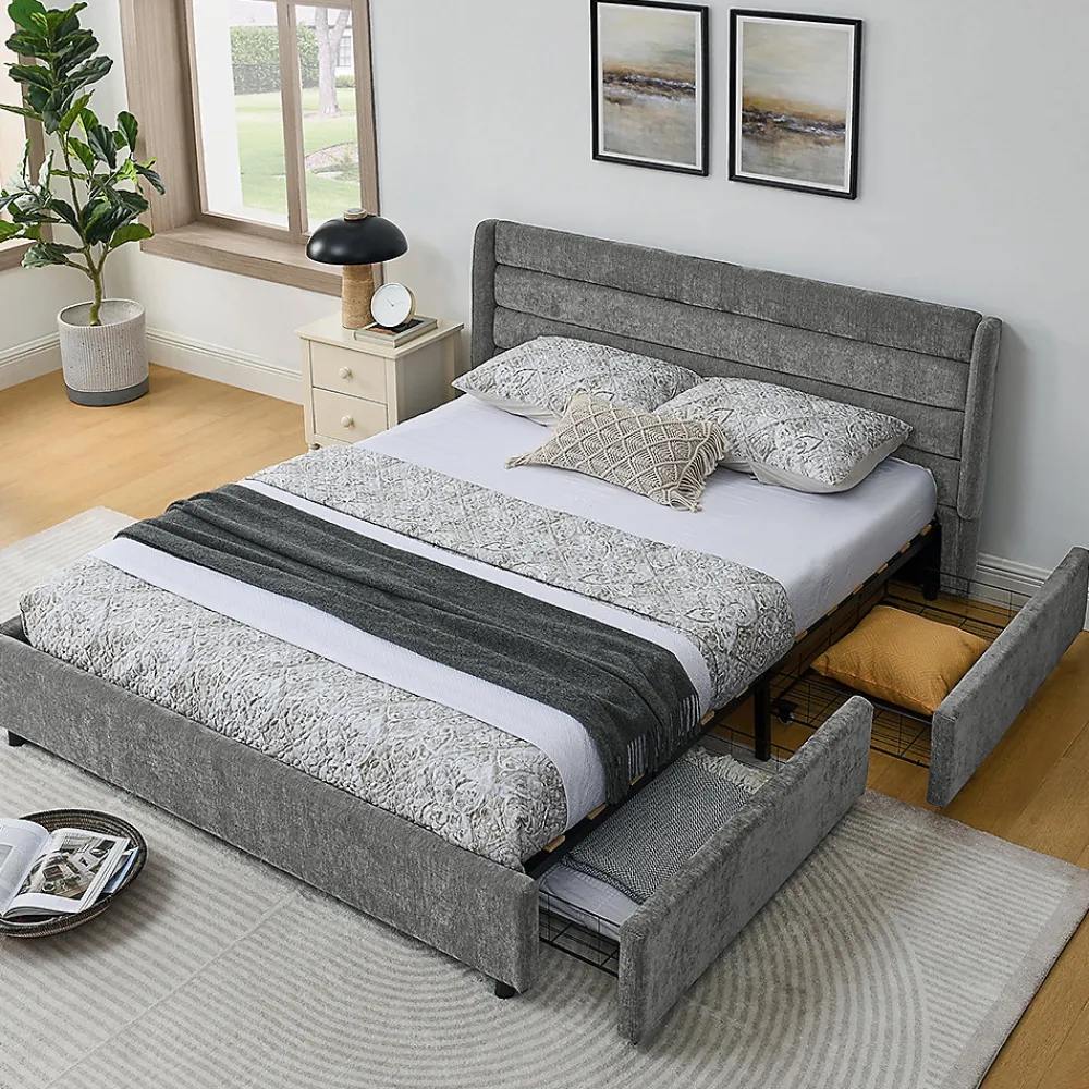 Blackcolors Lit double 160x200 cm, chenille, 4 tiroirs - gris foncé* Lit Coffre