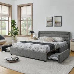 Blackcolors Lit double 160x200 cm, chenille, 4 tiroirs - gris foncé* Lit Coffre
