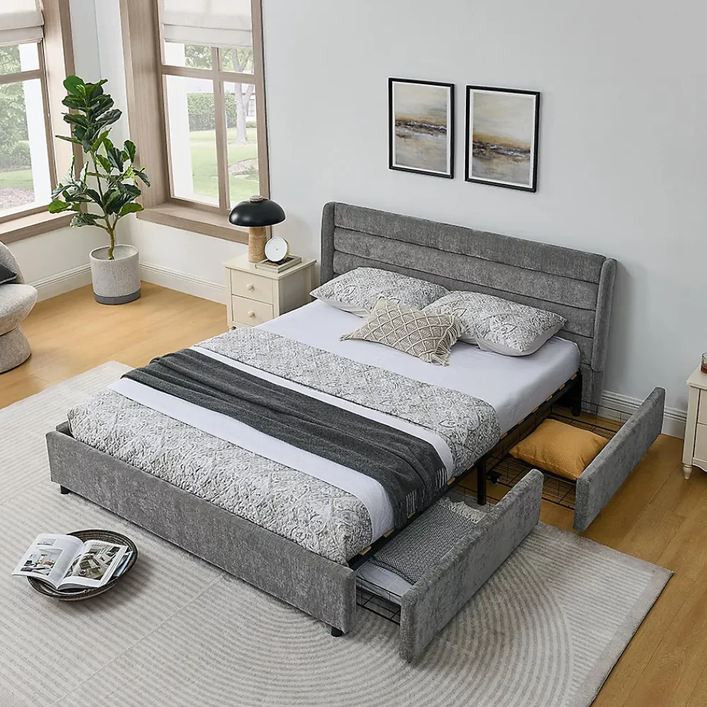 Blackcolors Lit double 160x200 cm, chenille, 4 tiroirs - gris foncé* Lit Coffre