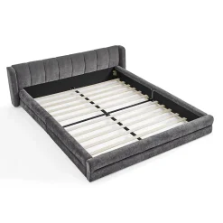 Blackcolors Lit double 140x200 cm, chenille, cadre eucalyptus/fer - gris foncé* Lit Coffre
