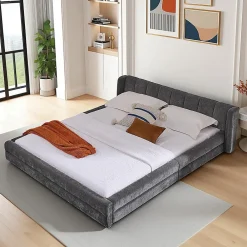 Blackcolors Lit double 140x200 cm, chenille, cadre eucalyptus/fer - gris foncé* Lit Coffre