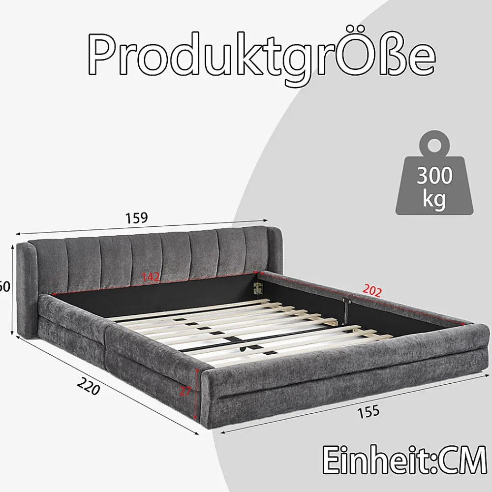 Blackcolors Lit double 140x200 cm, chenille, cadre eucalyptus/fer - gris foncé* Lit Coffre