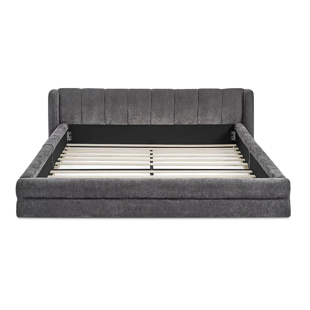 Blackcolors Lit double 140x200 cm, chenille, cadre eucalyptus/fer - gris foncé* Lit Coffre