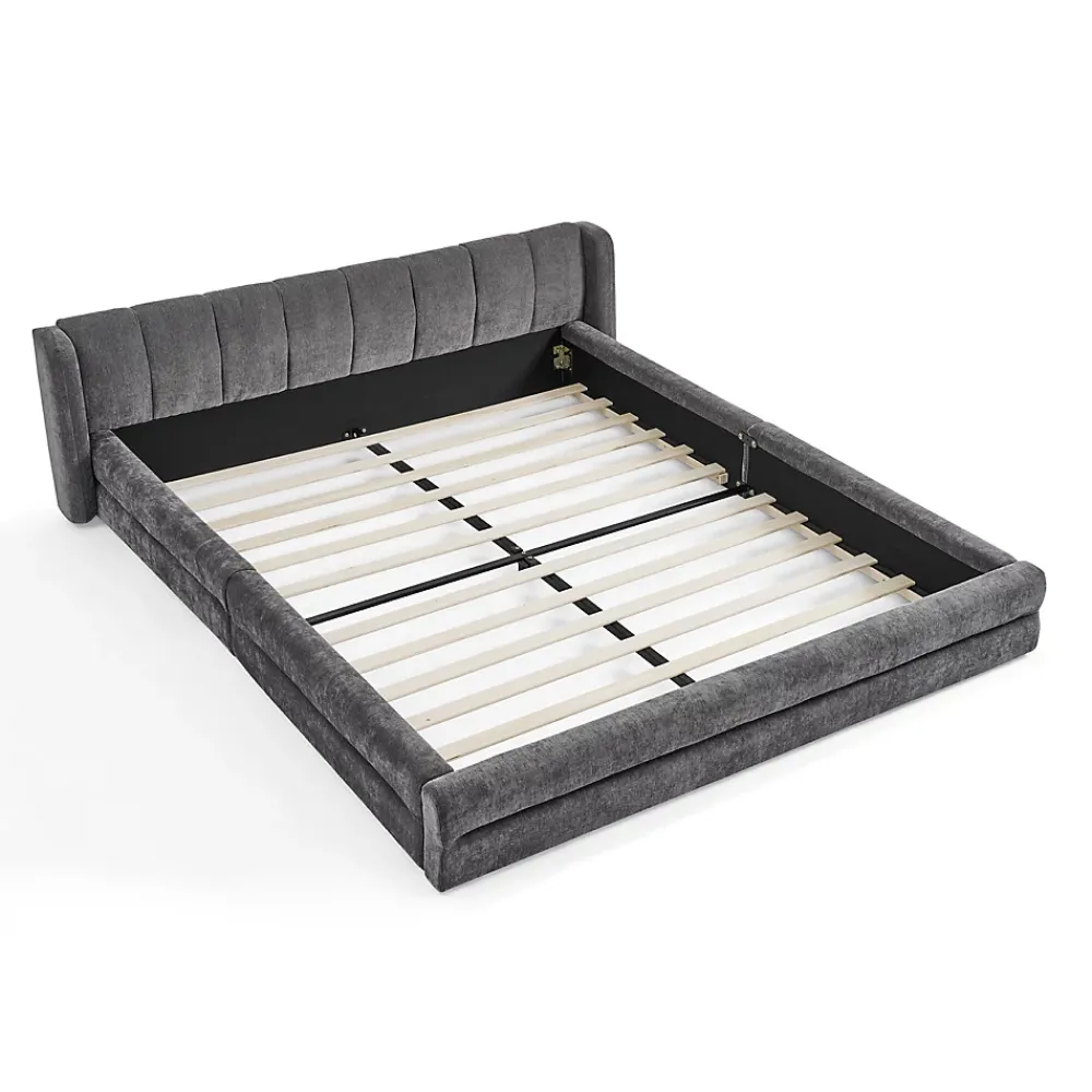 Blackcolors Lit double 140x200 cm, chenille, cadre eucalyptus/fer - gris foncé* Lit Coffre