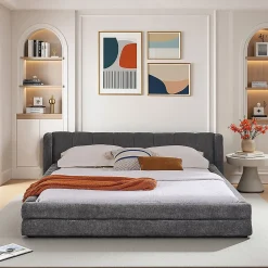 Blackcolors Lit double 140x200 cm, chenille, cadre eucalyptus/fer - gris foncé* Lit Coffre