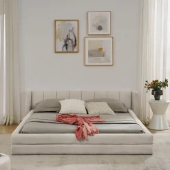 Lit double 160x200 cm, chenille, cadre eucalyptus/fer - beige>Blackcolors New