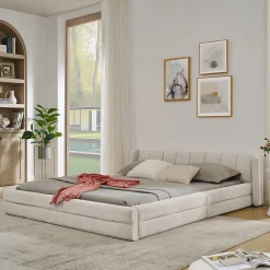 Lit double 160x200 cm, chenille, cadre eucalyptus/fer - beige><noscript><img width=
