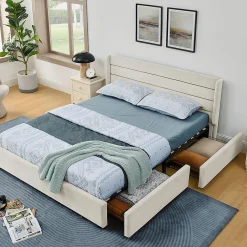Lit double 140x200 cm, chenille, 4 tiroirs - beige>Blackcolors New