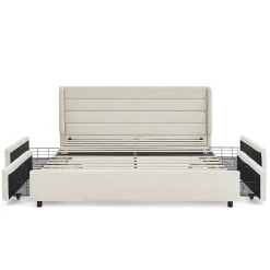 Lit double 140x200 cm, chenille, 4 tiroirs - beige><noscript><img width=