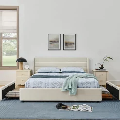 Lit double 140x200 cm, chenille, 4 tiroirs - beige><noscript><img width=