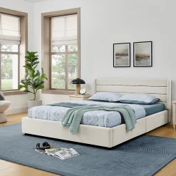Lit double 140x200 cm, chenille, 4 tiroirs - beige><noscript><img width=