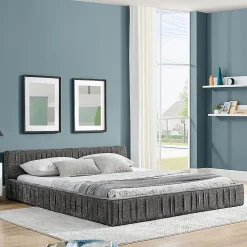 Lit double 160x200 cm, chenille veloutée, bois eucalyptus - gris foncé>Blackcolors Online