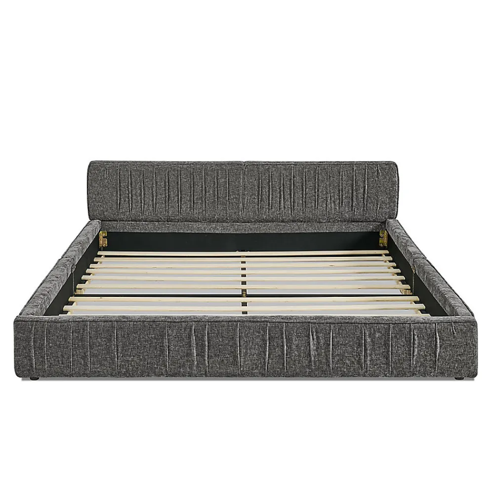 Lit double 160x200 cm, chenille veloutée, bois eucalyptus - gris foncé>Blackcolors Online