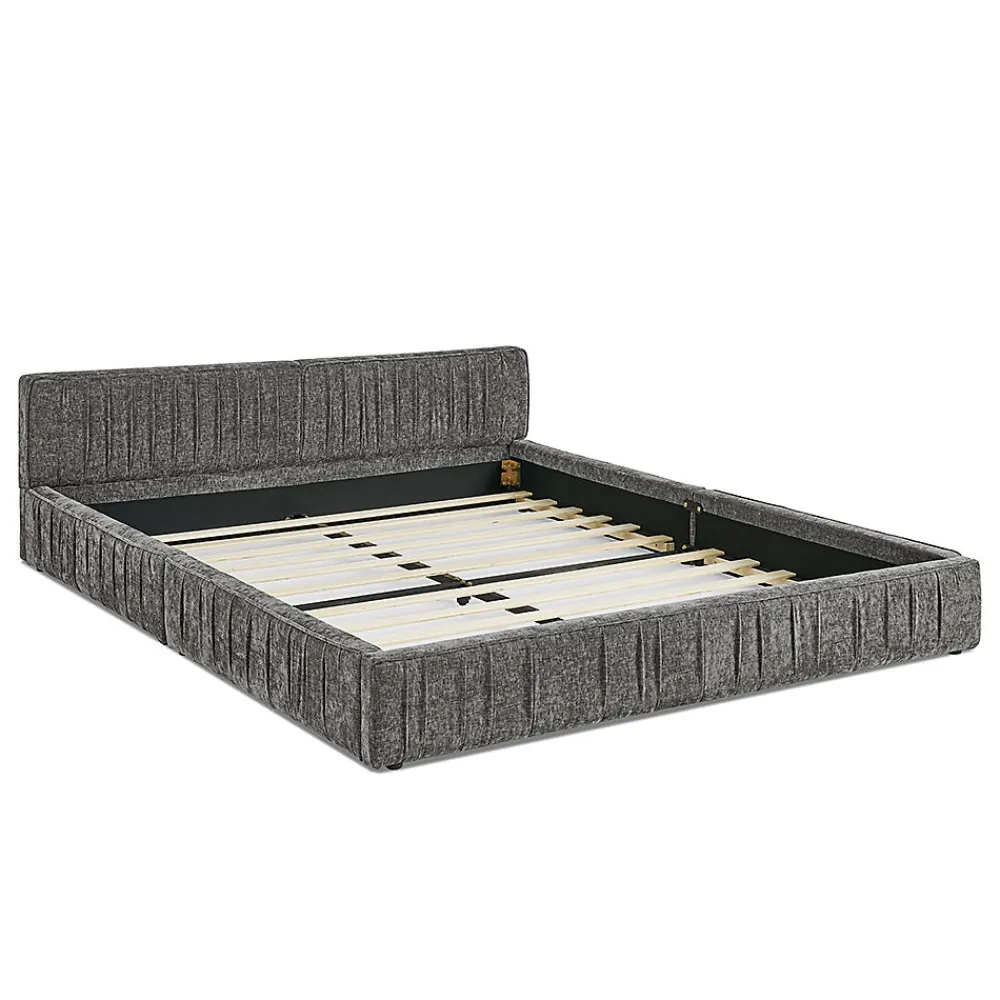 Lit double 160x200 cm, chenille veloutée, bois eucalyptus - gris foncé>Blackcolors Online