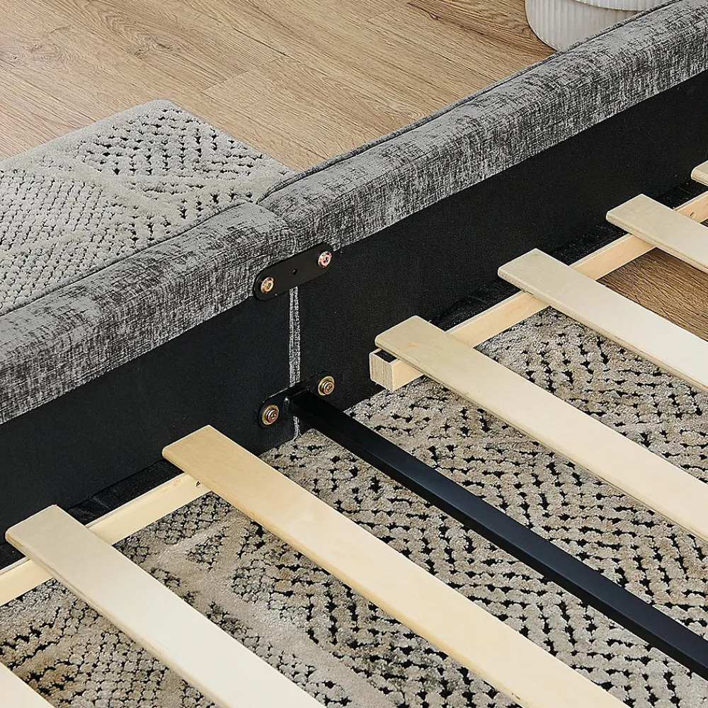 Lit double 160x200 cm, chenille veloutée, bois eucalyptus - gris foncé>Blackcolors Online