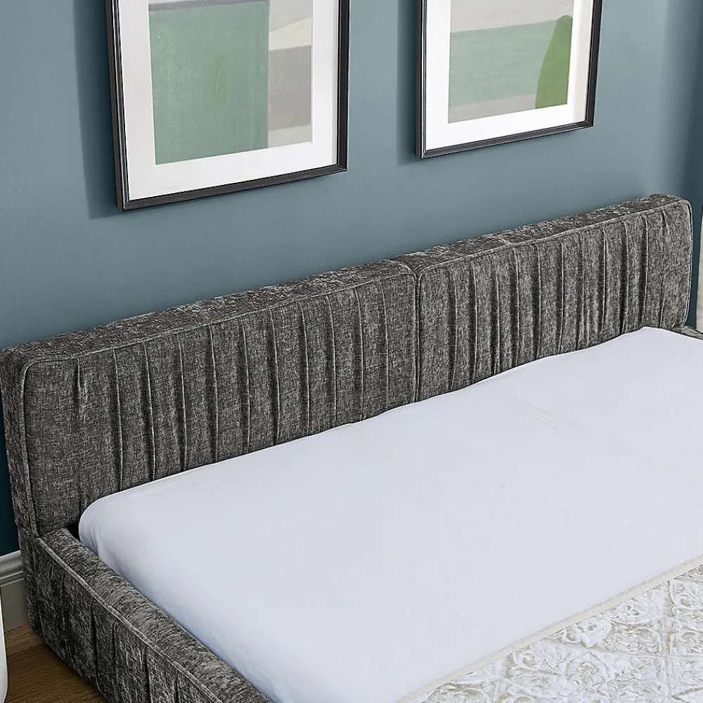 Lit double 160x200 cm, chenille veloutée, bois eucalyptus - gris foncé>Blackcolors Online
