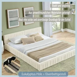 Blackcolors Lit double 140x200 cm, chenille veloutée, bois eucalyptus, cadre fer - beige* Lit Coffre