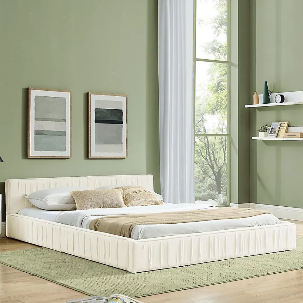 Blackcolors Lit double 140x200 cm, chenille veloutée, bois eucalyptus, cadre fer - beige* Lit Coffre