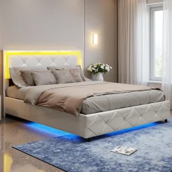 Lit double 140x200 cm cuir PU blanc capitonné cristal, coffre hydraulique, ports USB et LED>ProximaX New