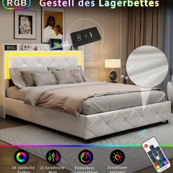 Lit double 140x200 cm cuir PU blanc capitonné cristal, coffre hydraulique, ports USB et LED><noscript><img width=