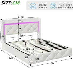 Lit double 140x200 cm cuir PU blanc capitonné cristal, coffre hydraulique, ports USB et LED><noscript><img width=