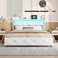 Lit double 140x200 cm cuir PU blanc capitonné cristal, coffre hydraulique, ports USB et LED><noscript><img width=