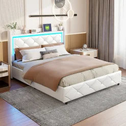 Lit double 140x200 cm cuir PU blanc capitonné cristal, coffre hydraulique, ports USB et LED><noscript><img width=