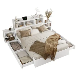 Lit double 140x200 cm en bois avec sommier tête de lit tiroirs tables de chevet chargeur sans fil et port Type C blanc>Redom Discount