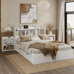 Lit double 140x200 cm en bois avec sommier tête de lit tiroirs tables de chevet chargeur sans fil et port Type C blanc>Redom Discount
